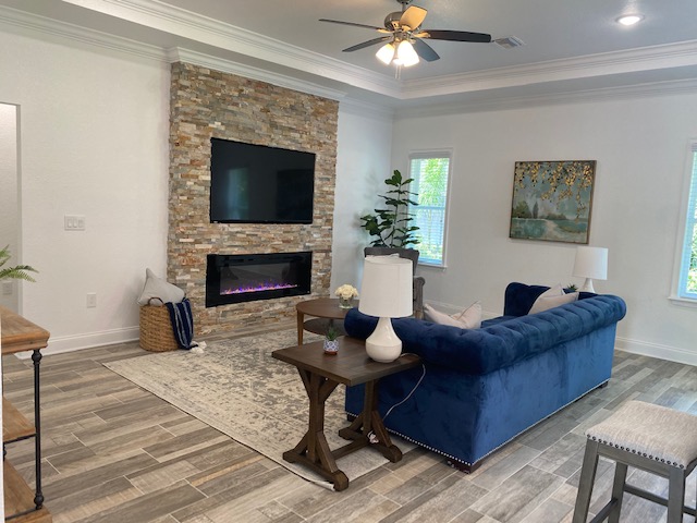 trophy staged living fireplace